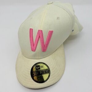 New Era Off-White Cap with Pink Embroidery